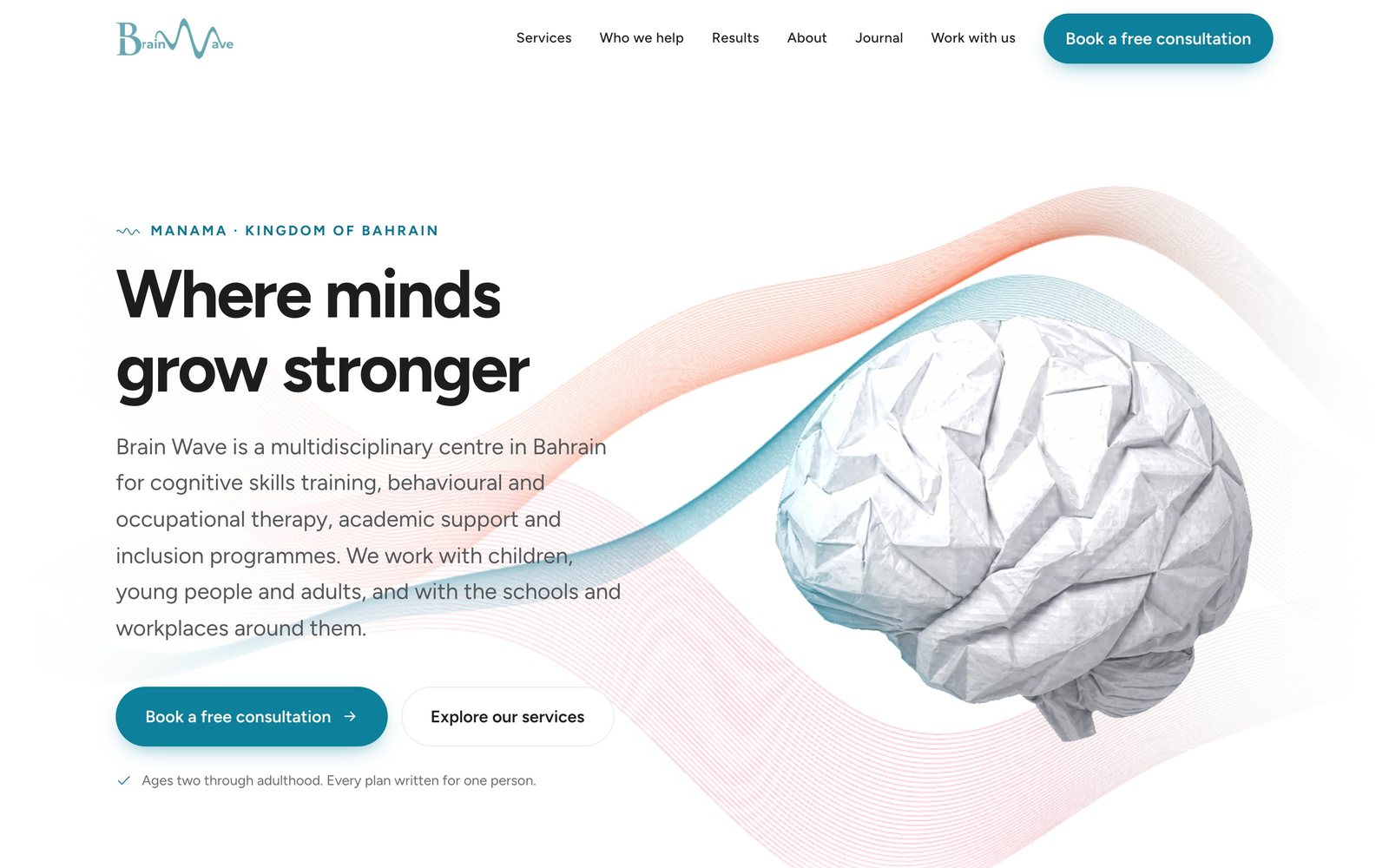 Brain Wave website homepage, a multidisciplinary child and family therapy centre in Manama, with the Where minds grow stronger hero.
