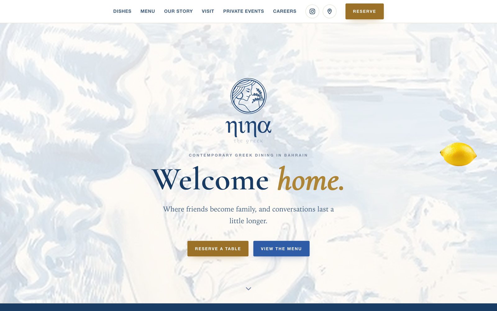 Nina the Greek website homepage, a contemporary Greek restaurant in Bahrain, with the Welcome home hero.